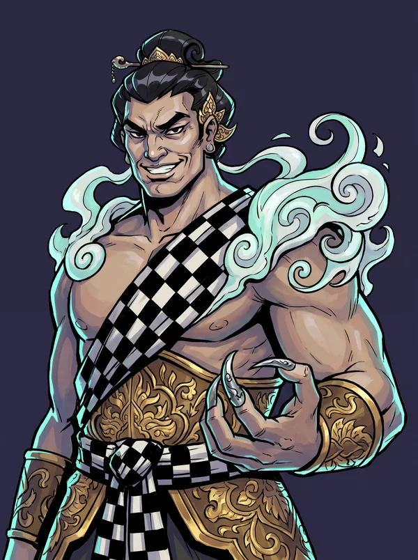 Batara Bayu, muscular god in a checkered sash, pale wind swirling around him