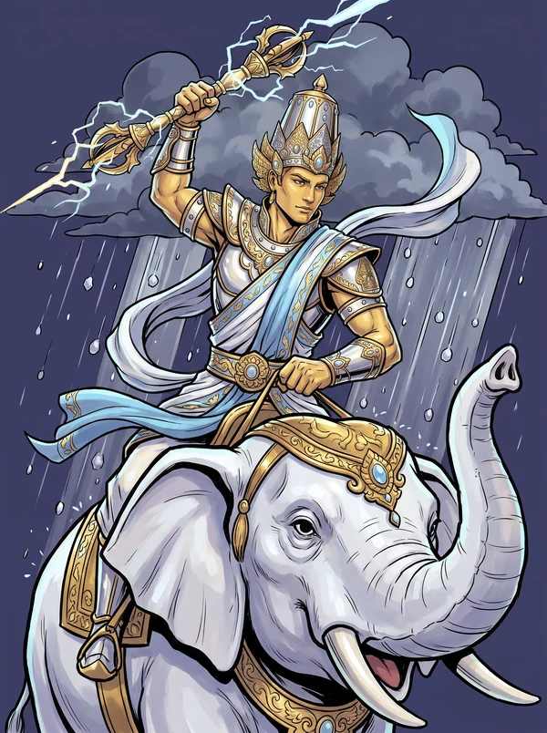 Batara Indra in silver-white armour, rain clouds and a white elephant behind him