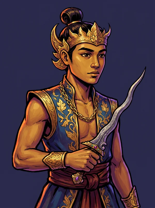 Jayabaya, golden crown and topknot, holding the wavy keris Kyai Maya