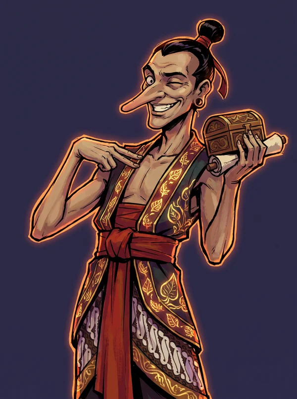 Petruk, tall and long-nosed, grinning with a wooden box