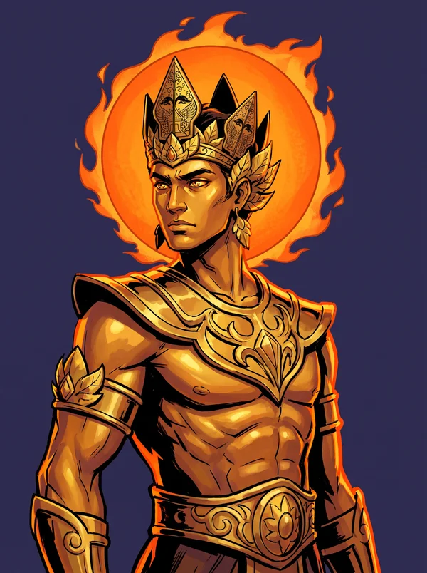 Batara Surya, golden-armoured god crowned before a blazing sun