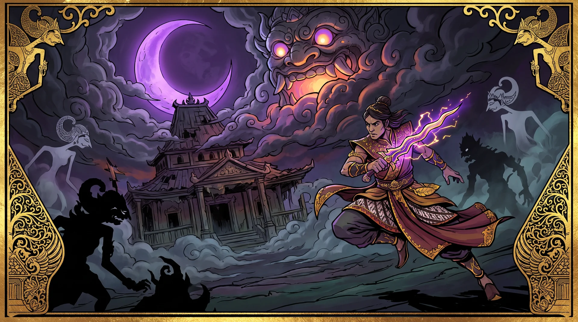 Jayabaya leaps with the glowing keris Kyai Maya as Batara Kala's face looms in violet storm clouds over a ruined kraton