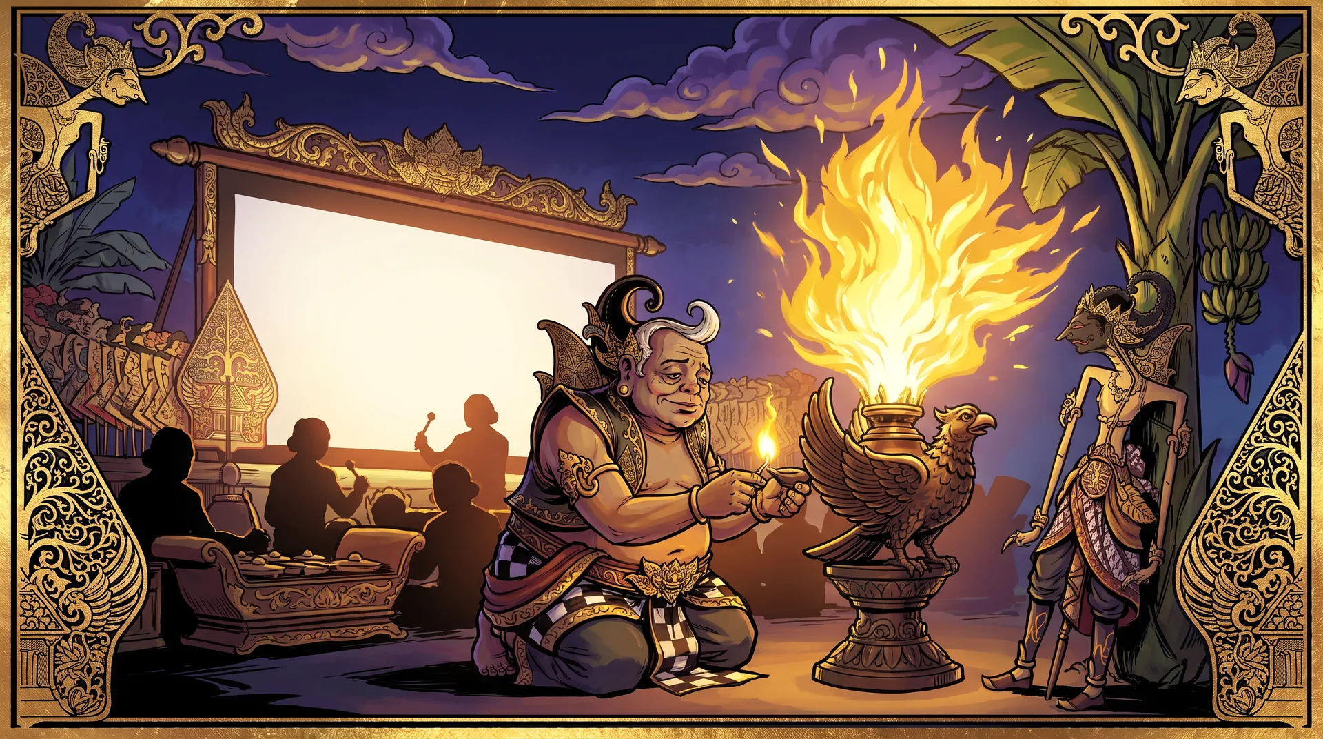 Semar lights the Garuda-shaped blencong lamp behind the wayang screen